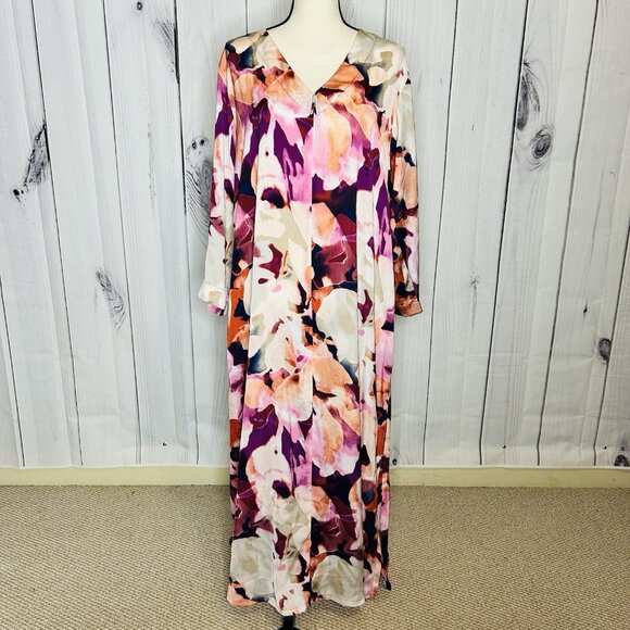 N Natori Caftan Pink Purple Abstract Floral Mix Sz L Full Zip 3/4 Sleeve Pockets - Picture 1 of 11